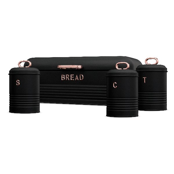 סט קופסאות מטבח עם מכסה במבוק – קופסת לחם גדולה ושלוש קופסאות לקפה, תה וסוכר בעיצוב מודרני